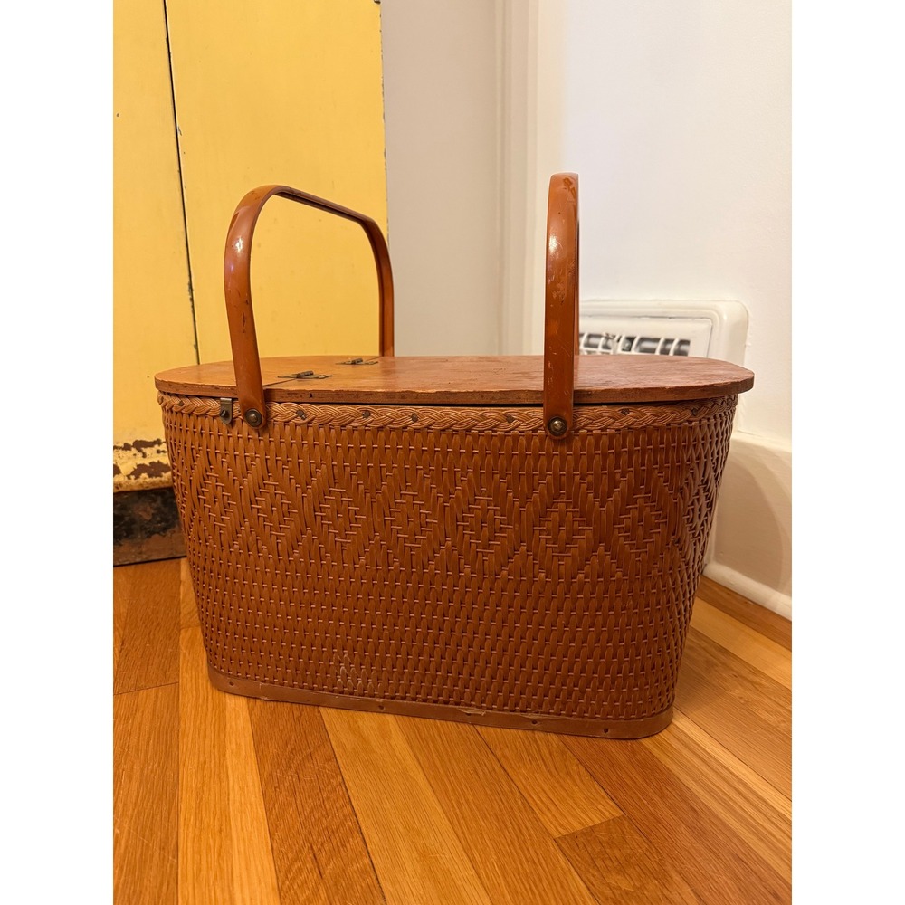 Vintage Red-Man Woven Picnic Basket Wood Lid Brown Diamond Pattern Peru Indiana